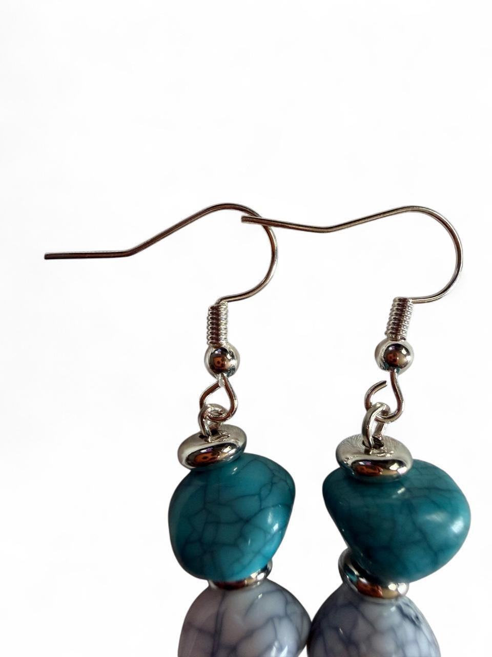 Turquoise & Gray Crackle Bead Dangle Earrings | Handmade Boho Coastal Jewelry