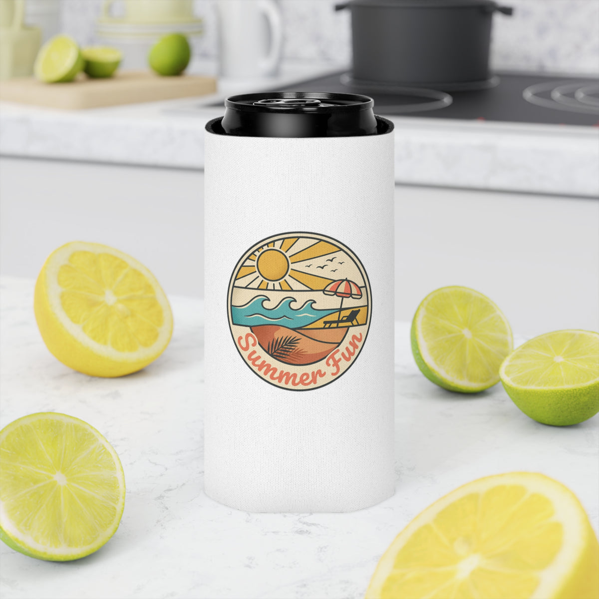Can Cooler — "Summer Fun" Beach Scene Neoprene Beer Cozy