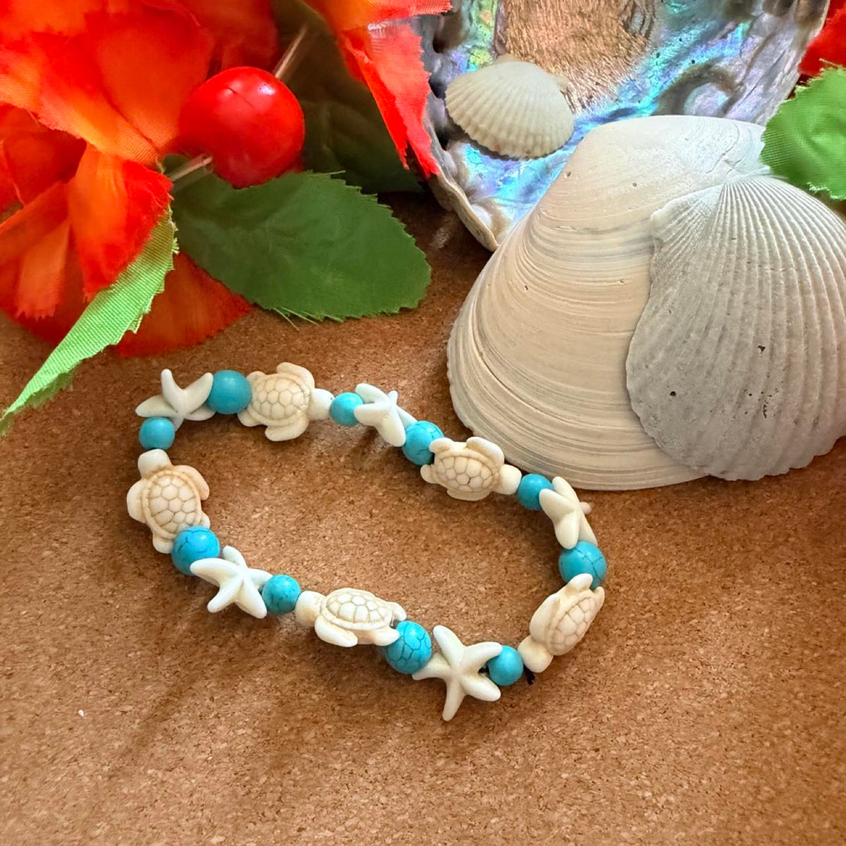 Handcrafted Turquoise Beaded Sea Turtle & Starfish Coastal Anklet
