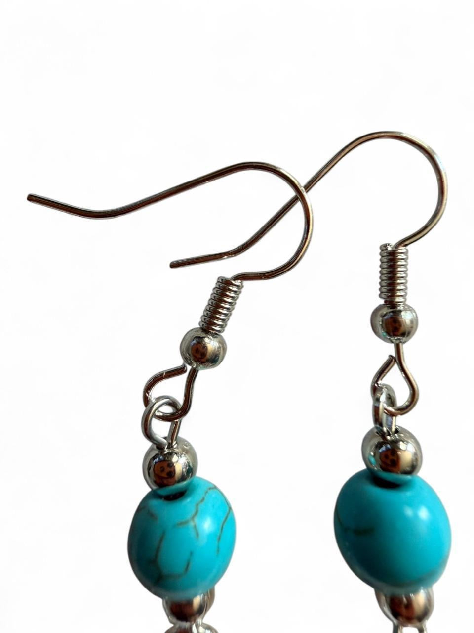 Handmade Turquoise Sunflower Dangle Earrings | Silver Tone Boho Flower Earrings