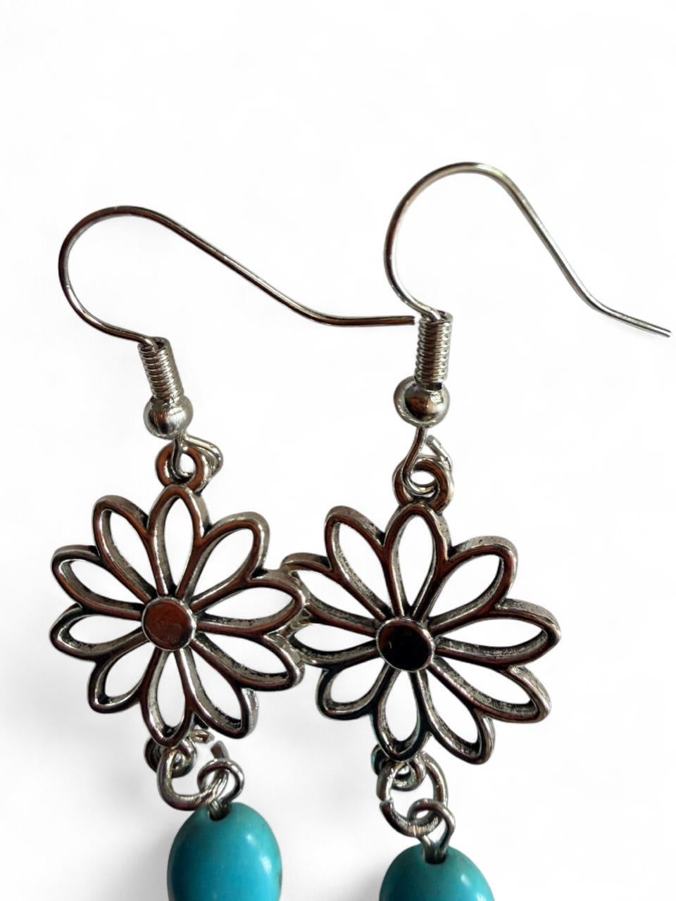 Handmade Boho Turquoise Flower Dangle Earrings – Antique Silver Floral Drop Earrings