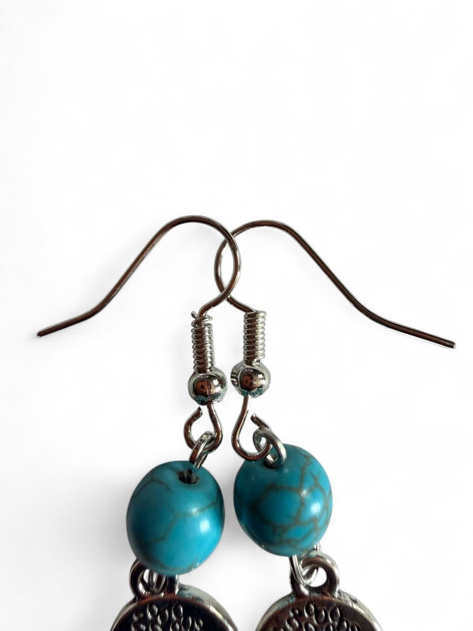 Handmade Turquoise Tree of Life Dangle Earrings – Silver Boho Charm Earrings