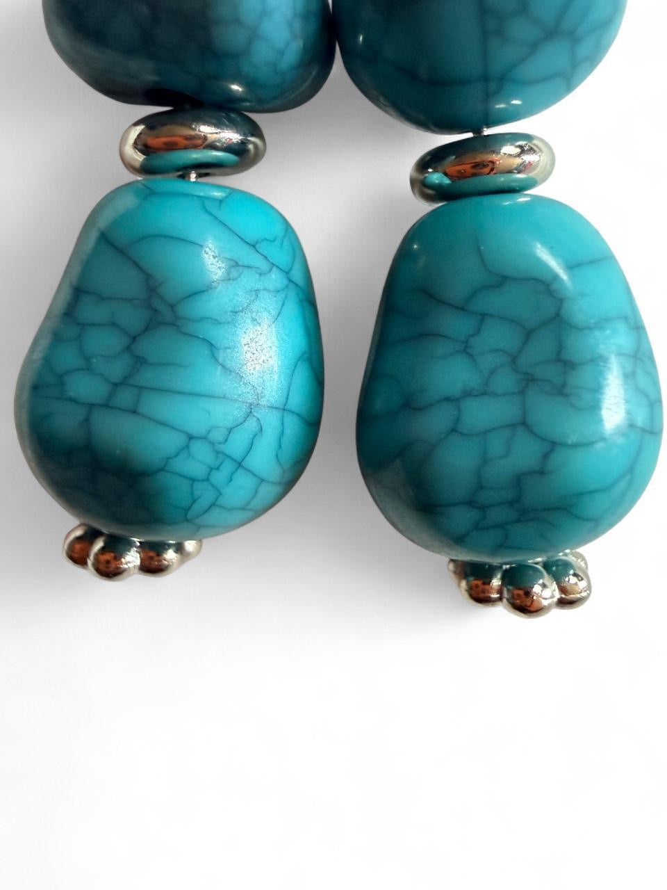 Handmade Turquoise & Gunmetal Double Drop Statement Earrings