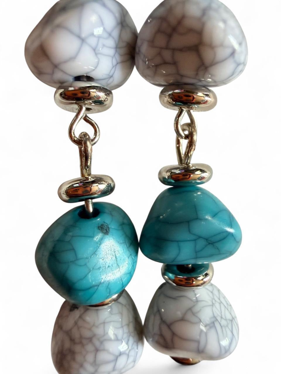 Turquoise & Gray Crackle Bead Dangle Earrings | Handmade Boho Coastal Jewelry