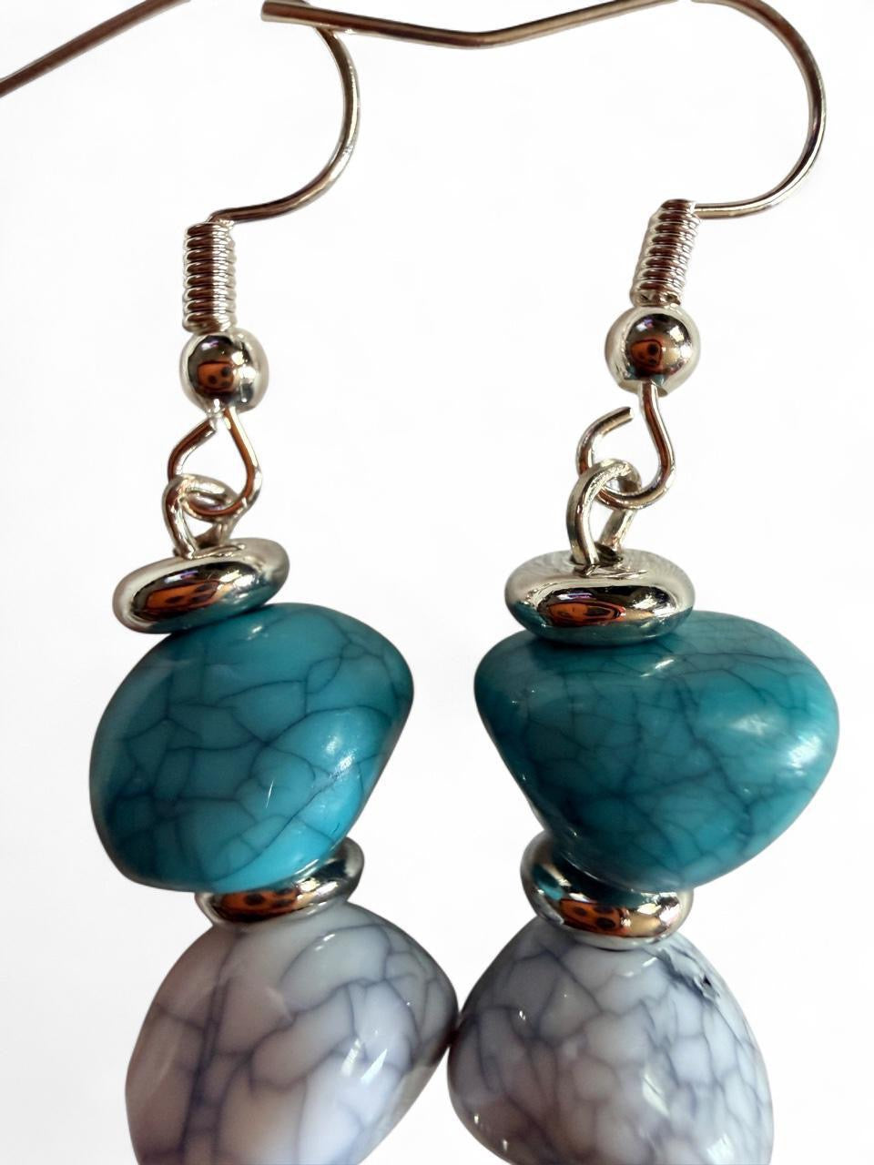 Turquoise & Gray Crackle Bead Dangle Earrings | Handmade Boho Coastal Jewelry