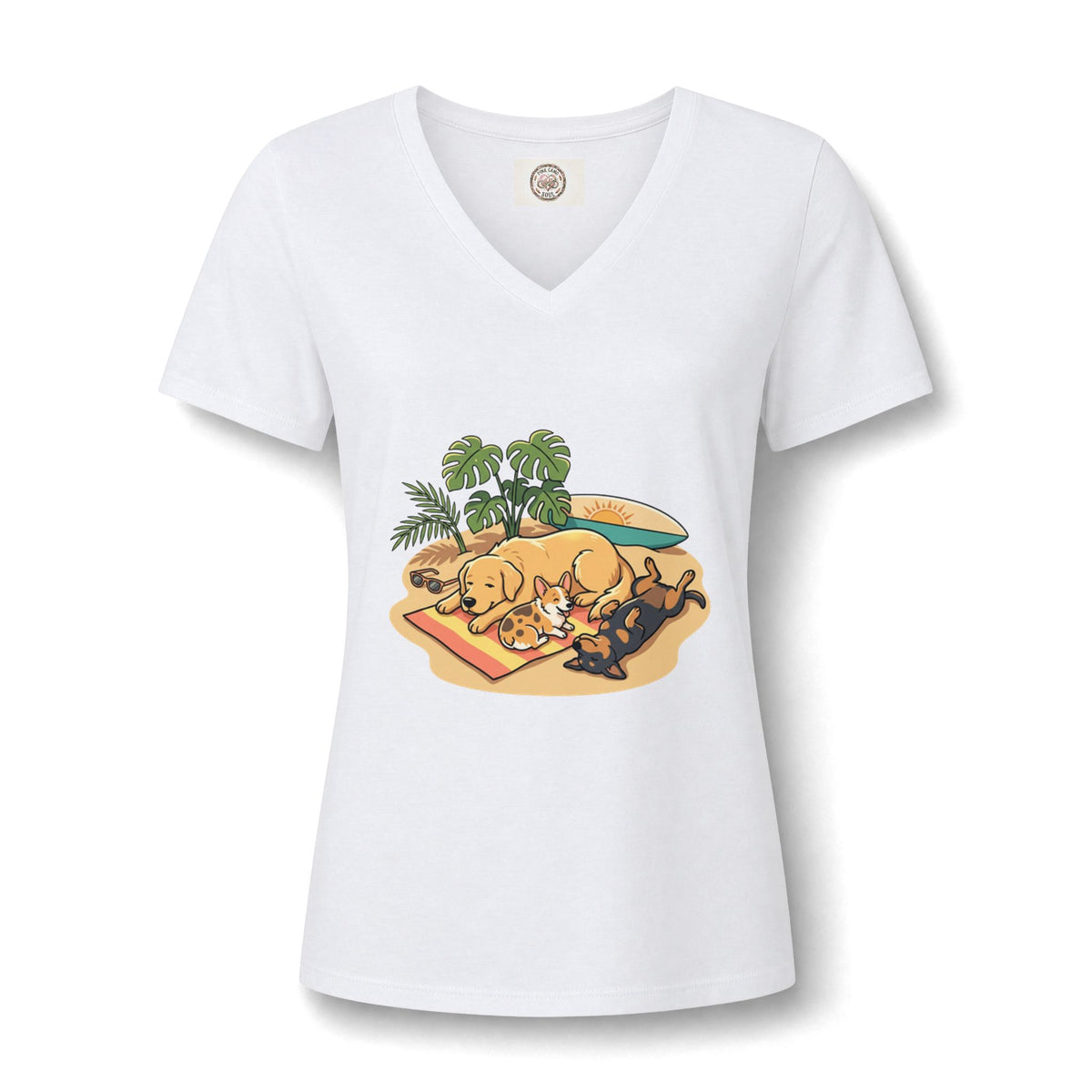 Beach Nap Dogs V-Neck Tee — Cute Sleeping Dog Graphic Shirt