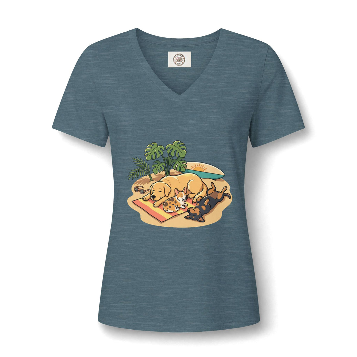 Beach Nap Dogs V-Neck Tee — Cute Sleeping Dog Graphic Shirt