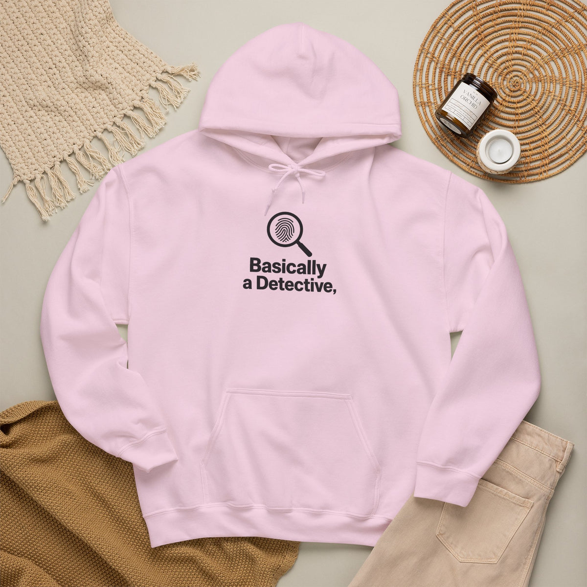 Detective Hoodie – "Basically a Detective." Magnifying Glass Graphic Hooded Sweatshirt