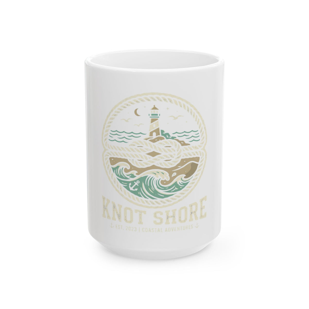 Nautical 'Knot Shore' Lighthouse Ceramic Mug — Coastal Coffee Cup (11oz/15oz)