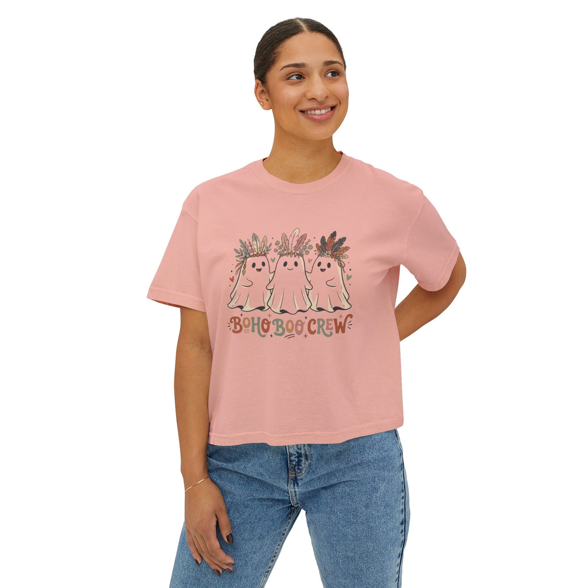 Boho Boo Crew Women's Boxy Tee - Cute Ghosts with Floral Crowns Halloween Shirt