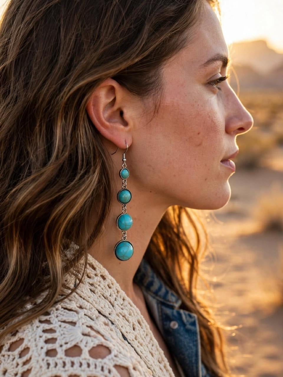 Desert Souls 4-Tier Graduated Turquoise Earrings - Long Western Shoulder Duster