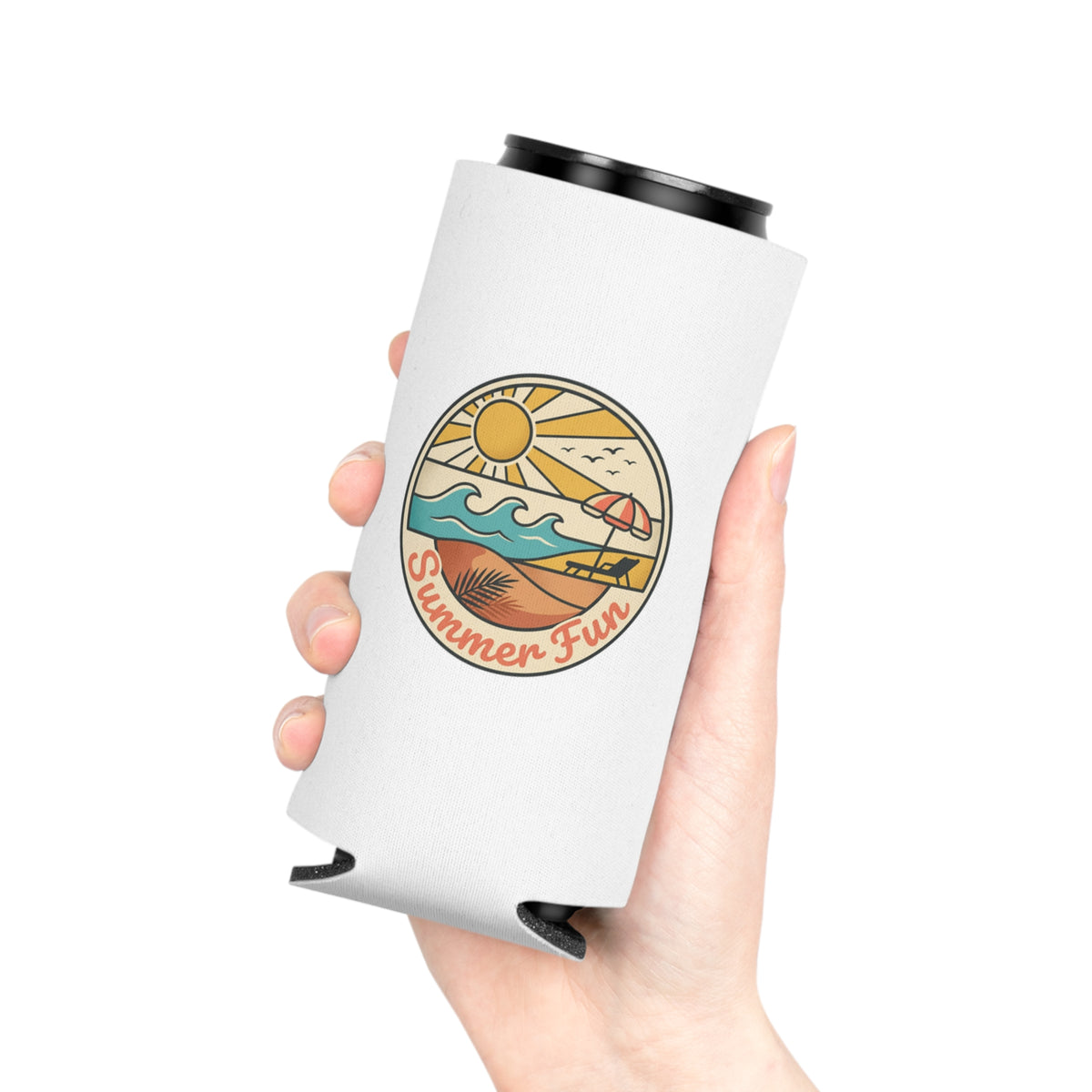 Can Cooler — "Summer Fun" Beach Scene Neoprene Beer Cozy