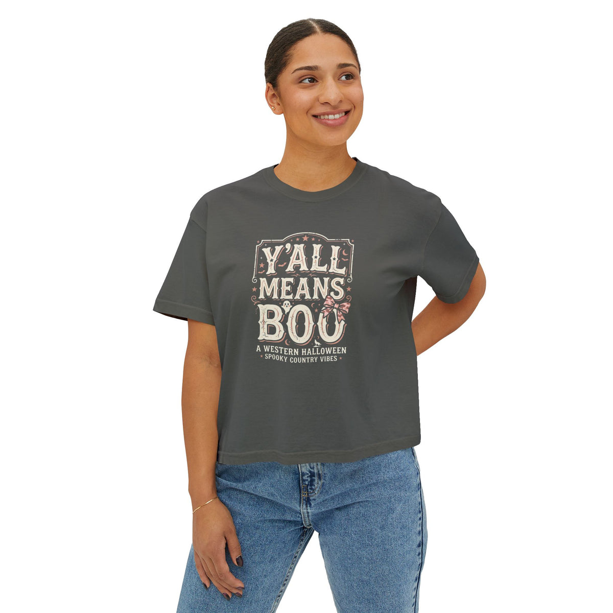 Women's Boxy Tee — "Y'all Means Boo" Western Halloween Graphic Tee
