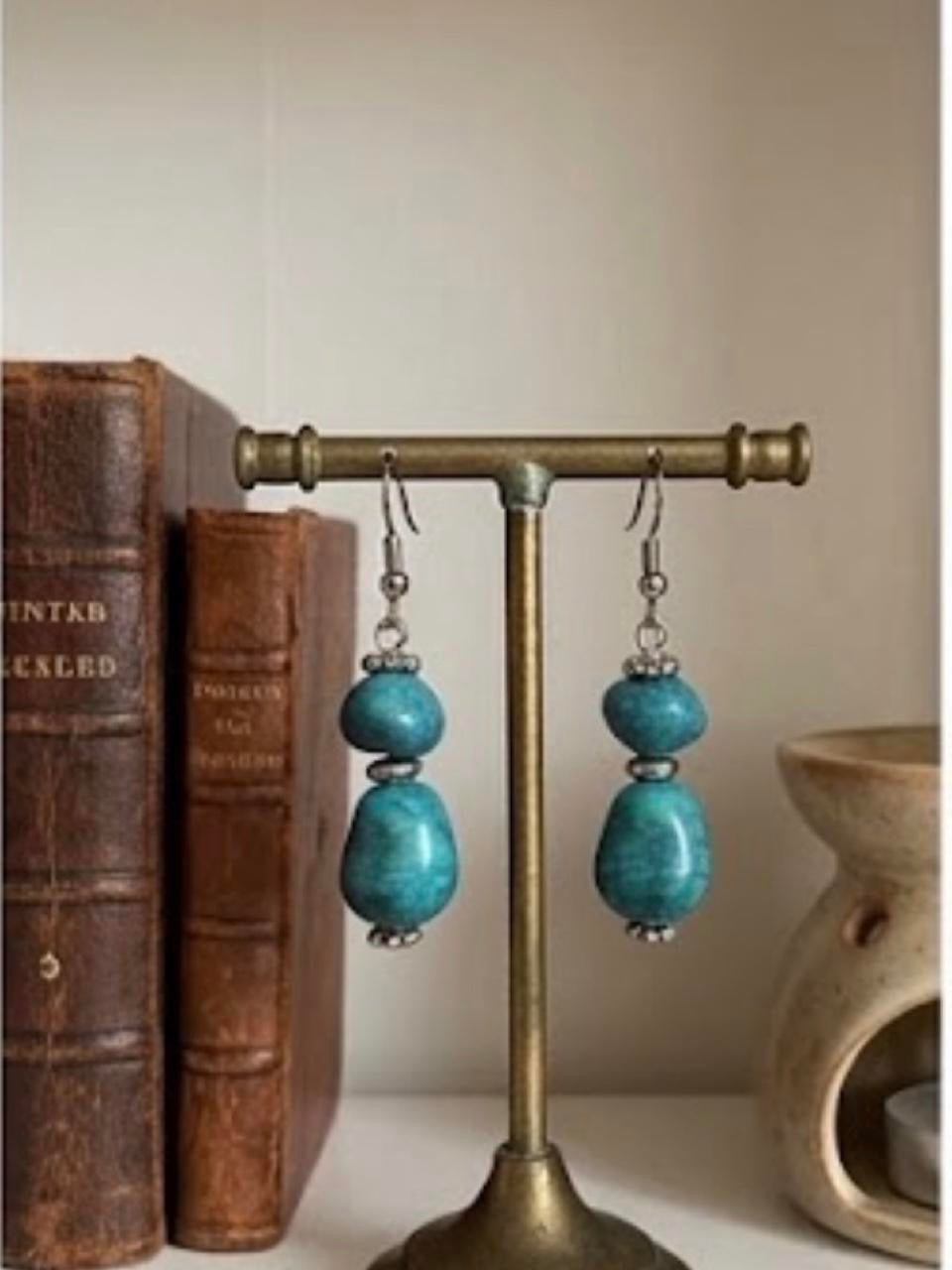 Handmade Turquoise & Gunmetal Double Drop Statement Earrings