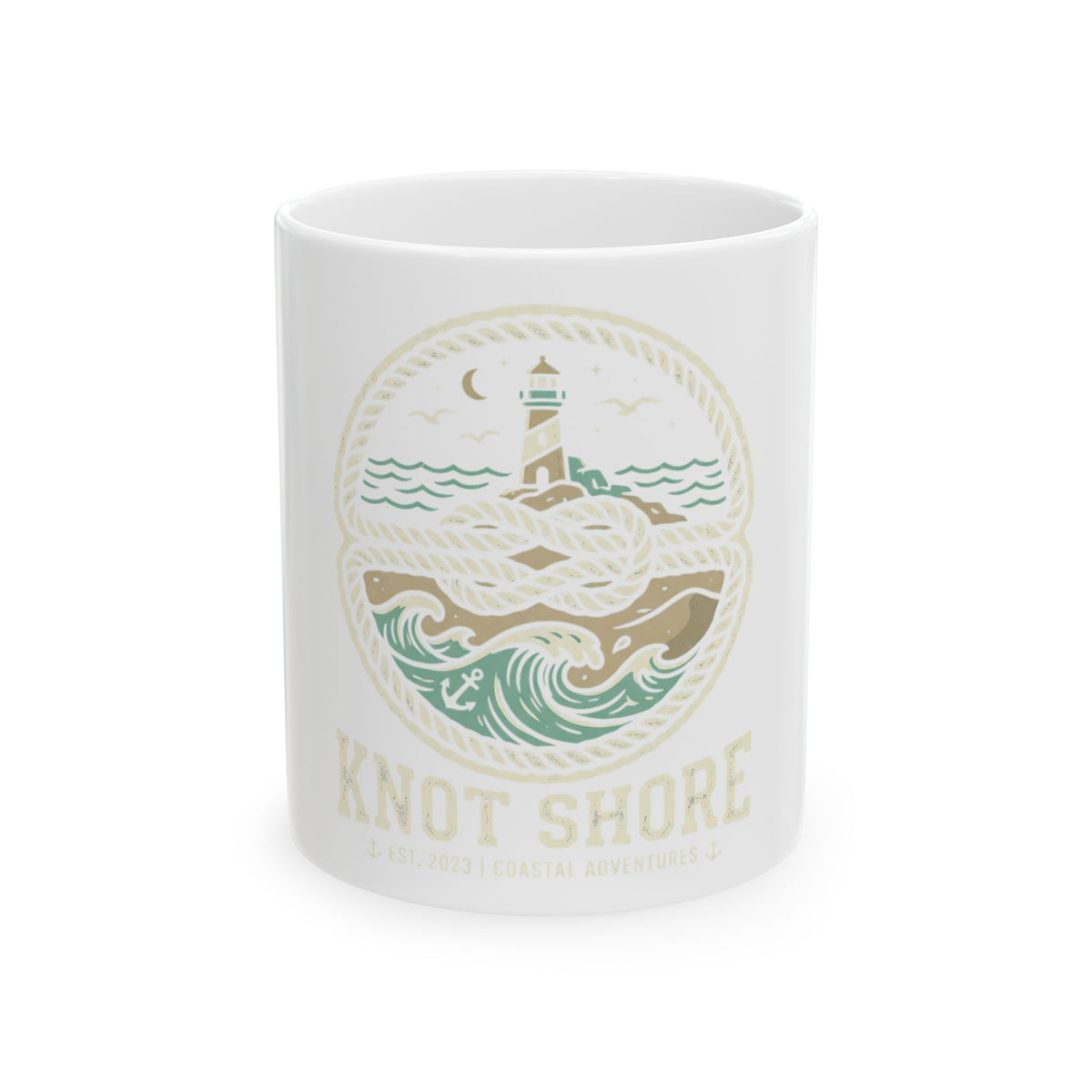 Nautical 'Knot Shore' Lighthouse Ceramic Mug — Coastal Coffee Cup (11oz/15oz)