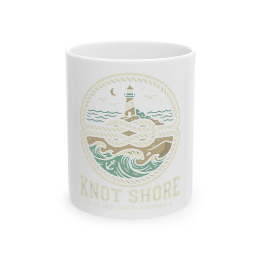 Nautical 'Knot Shore' Lighthouse Ceramic Mug — Coastal Coffee Cup (11oz/15oz)