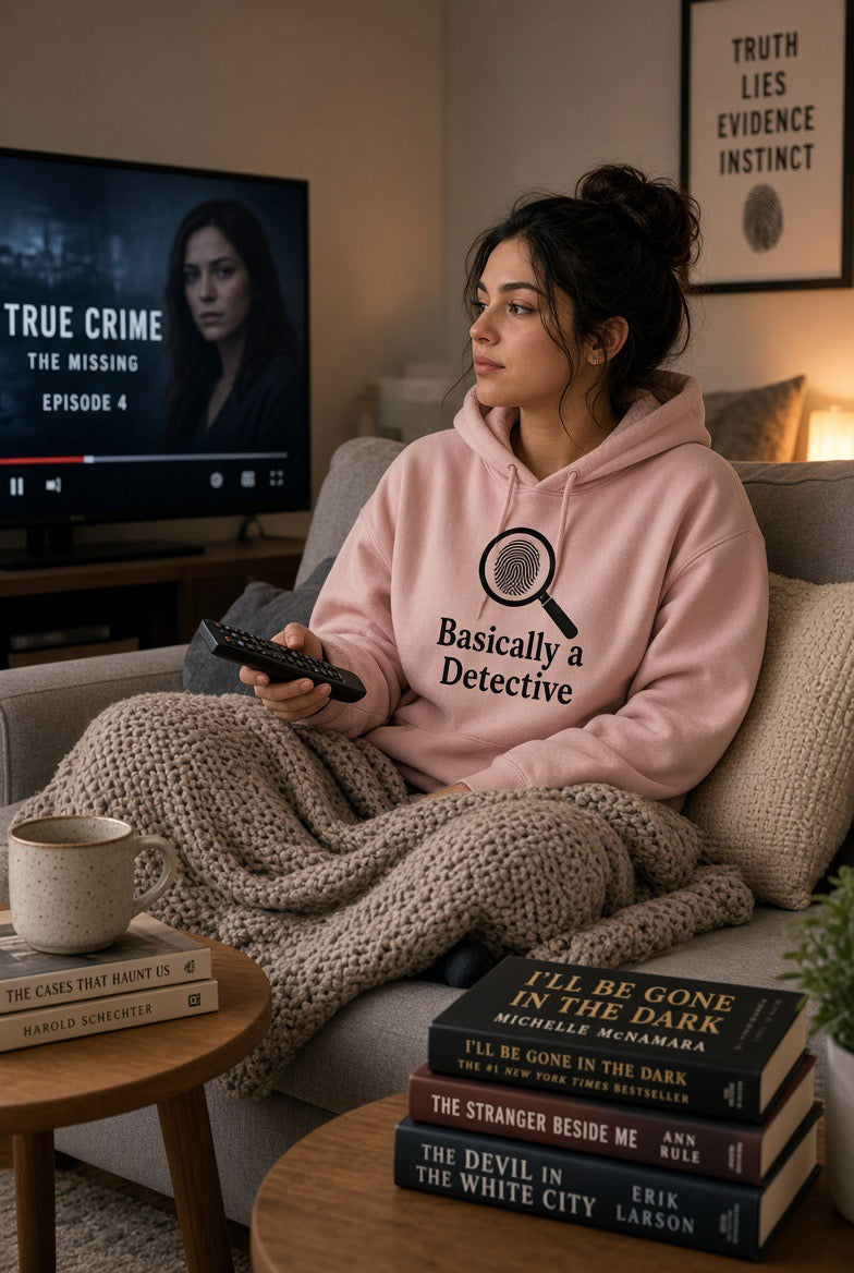 Detective Hoodie – "Basically a Detective." Magnifying Glass Graphic Hooded Sweatshirt
