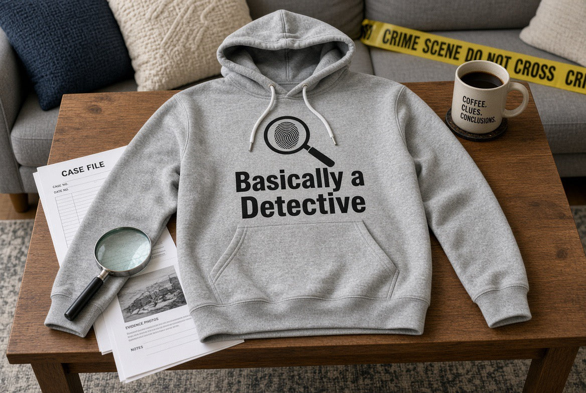 Detective Hoodie – "Basically a Detective." Magnifying Glass Graphic Hooded Sweatshirt