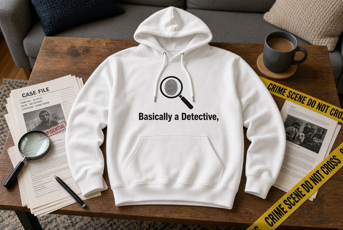 Detective Hoodie – "Basically a Detective." Magnifying Glass Graphic Hooded Sweatshirt