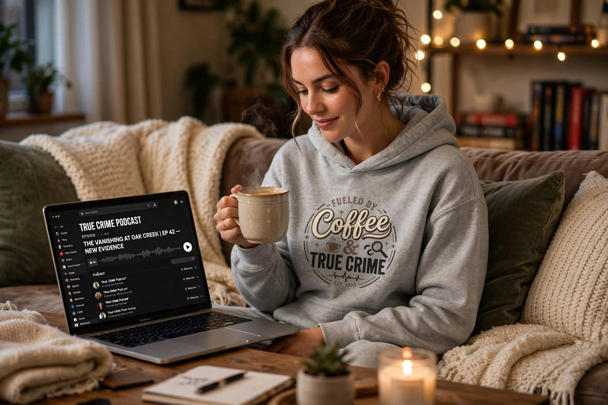 True Crime & Coffee Hoodie — 'Fueled by Coffee & True Crime' Pullover