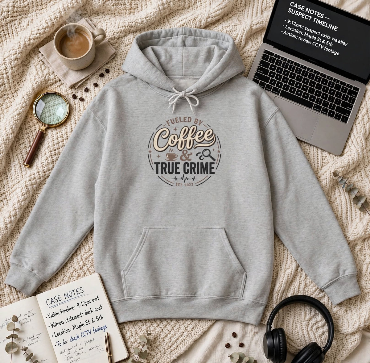 True Crime & Coffee Hoodie — 'Fueled by Coffee & True Crime' Pullover