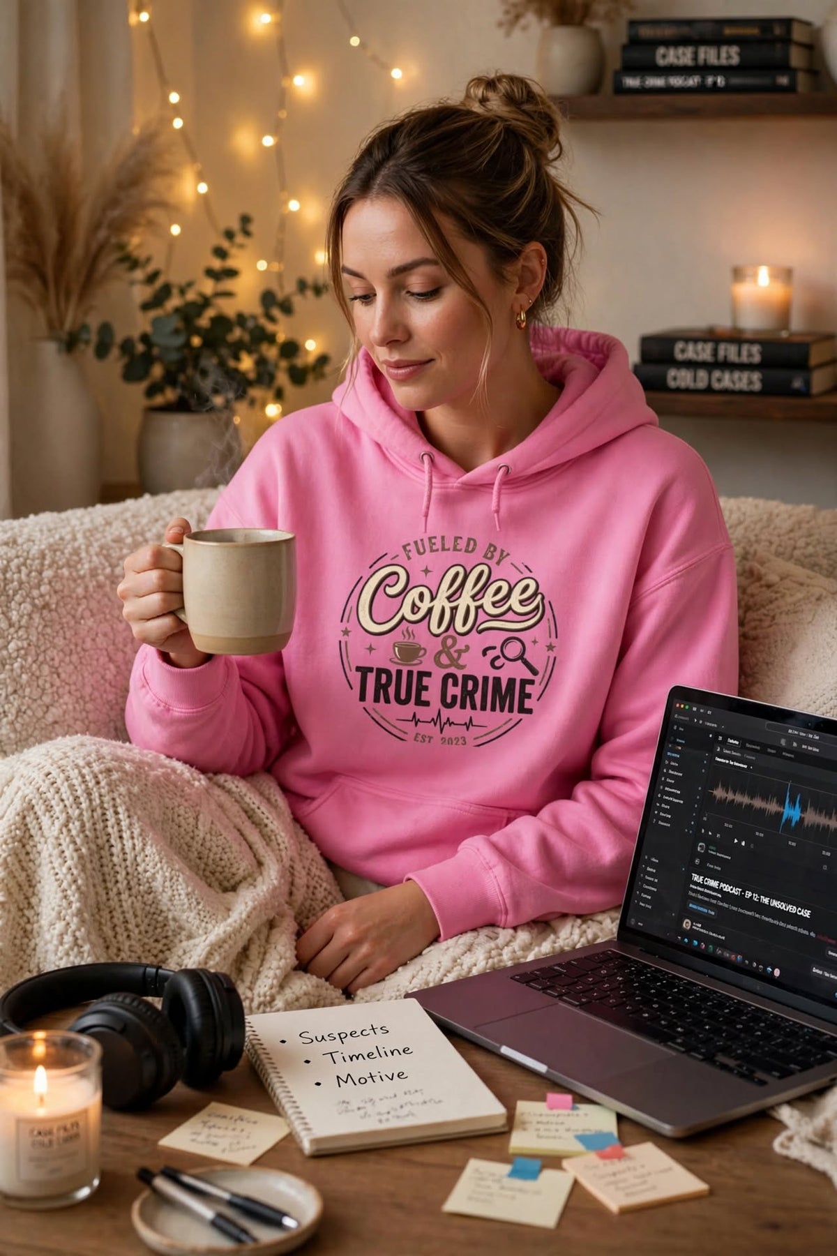 True Crime & Coffee Hoodie — 'Fueled by Coffee & True Crime' Pullover