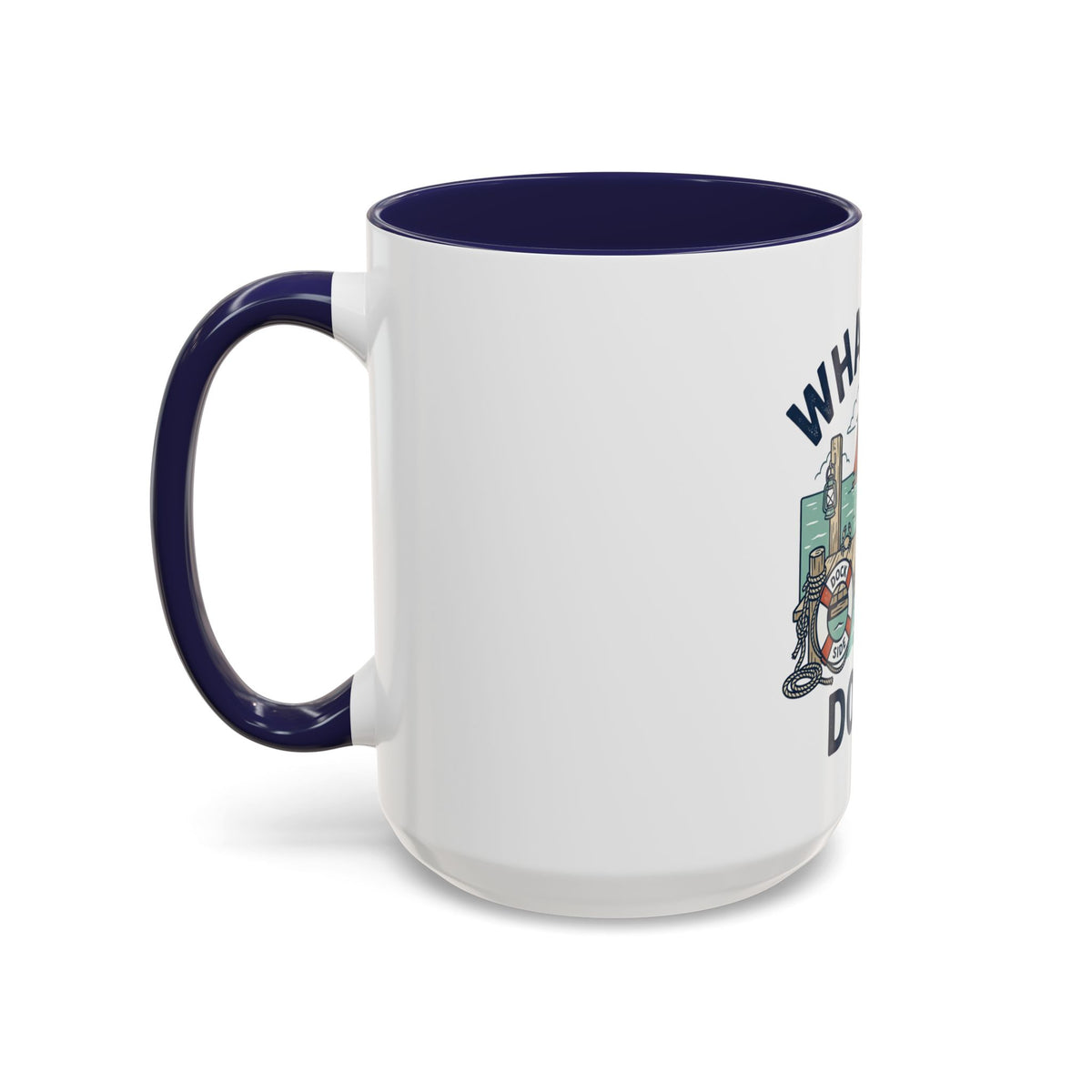 "What's Up, Dock?" Nautical Coffee Mug — Harbor Pier Boat Illustration (11/15 oz)