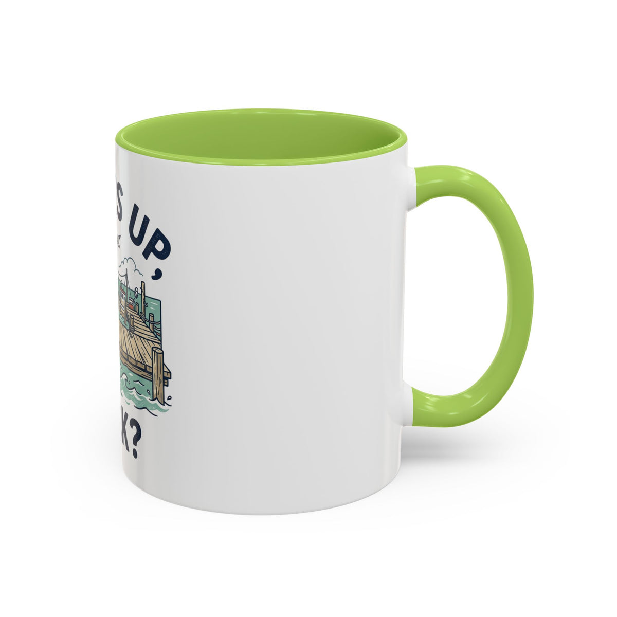 "What's Up, Dock?" Nautical Coffee Mug — Harbor Pier Boat Illustration (11/15 oz)