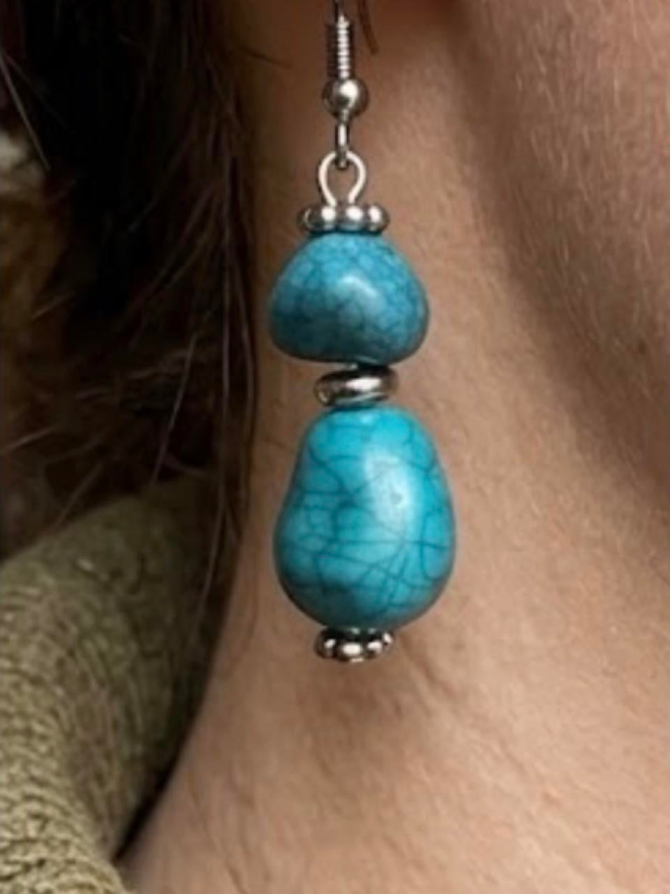 Handmade Turquoise & Gunmetal Double Drop Statement Earrings