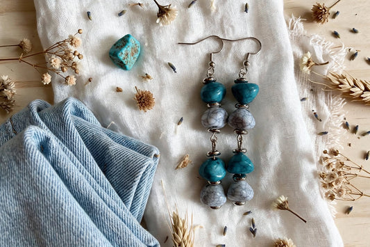 Turquoise & Gray Crackle Bead Dangle Earrings | Handmade Boho Coastal Jewelry