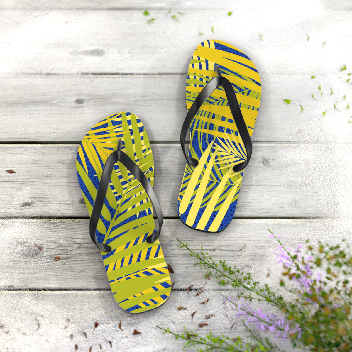 Tropical Palm Print Flip Flops — Yellow & Blue Beach Sandals