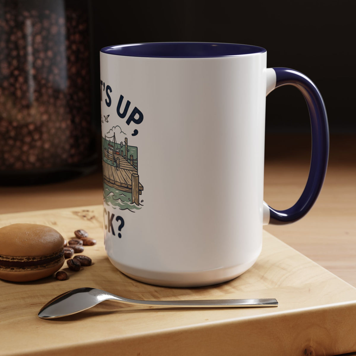 "What's Up, Dock?" Nautical Coffee Mug — Harbor Pier Boat Illustration (11/15 oz)
