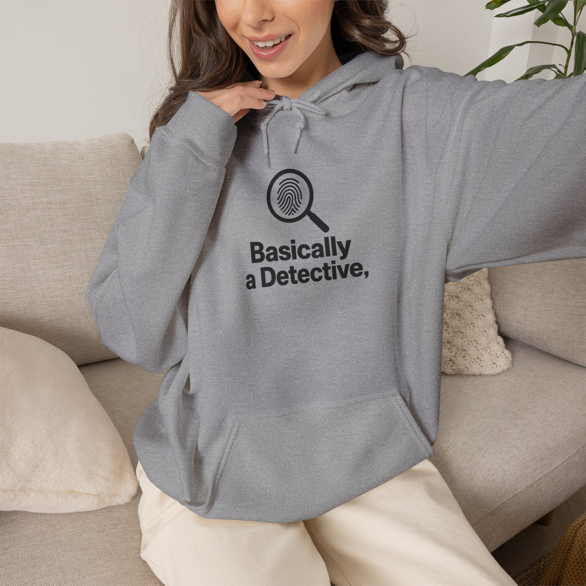 Detective Hoodie – "Basically a Detective." Magnifying Glass Graphic Hooded Sweatshirt