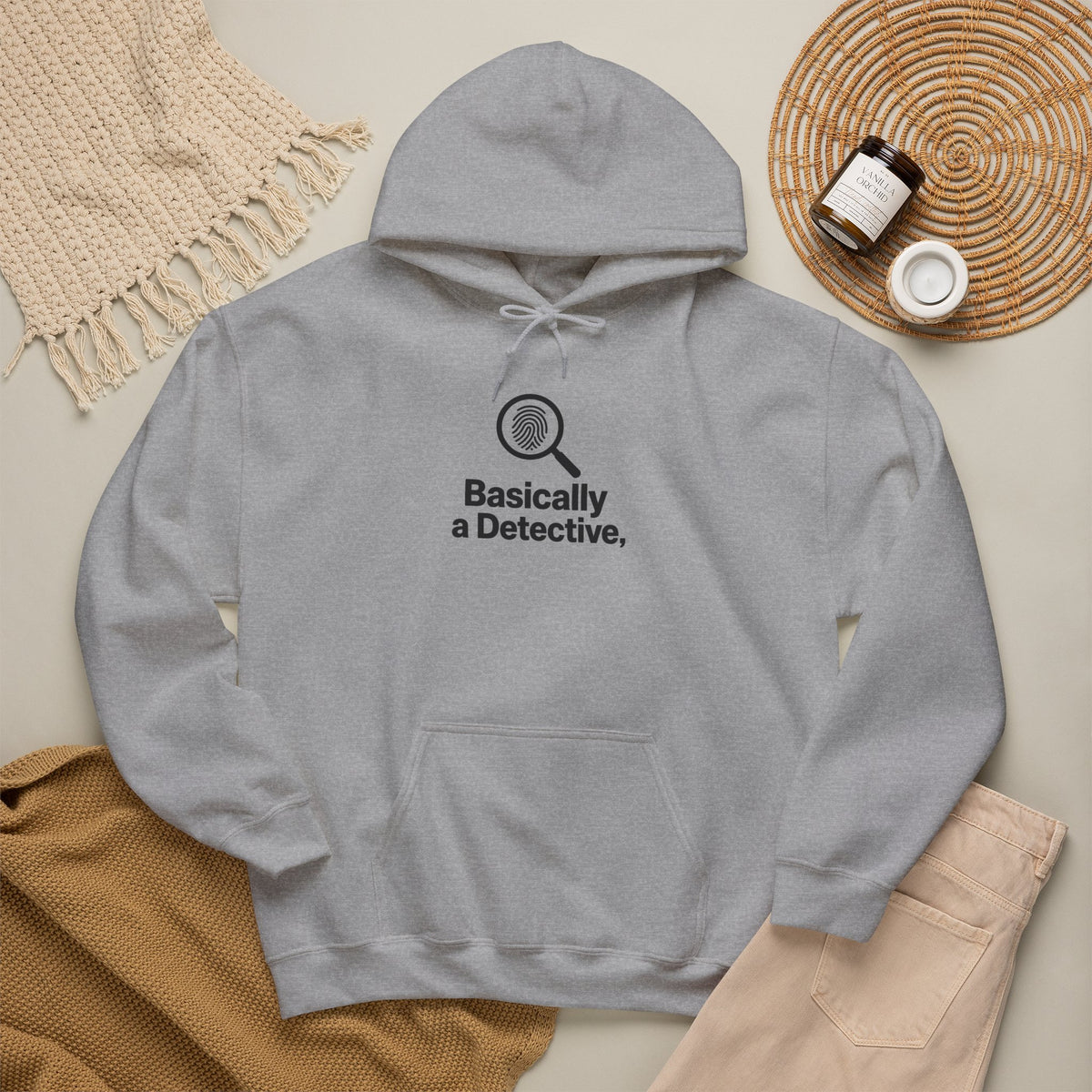 Detective Hoodie – "Basically a Detective." Magnifying Glass Graphic Hooded Sweatshirt