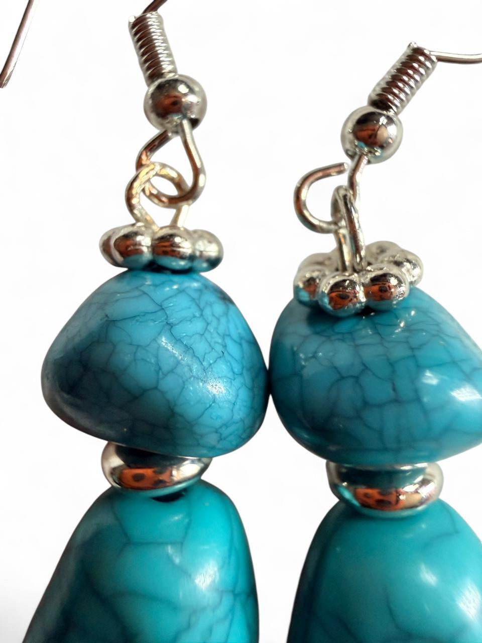Handmade Turquoise & Gunmetal Double Drop Statement Earrings