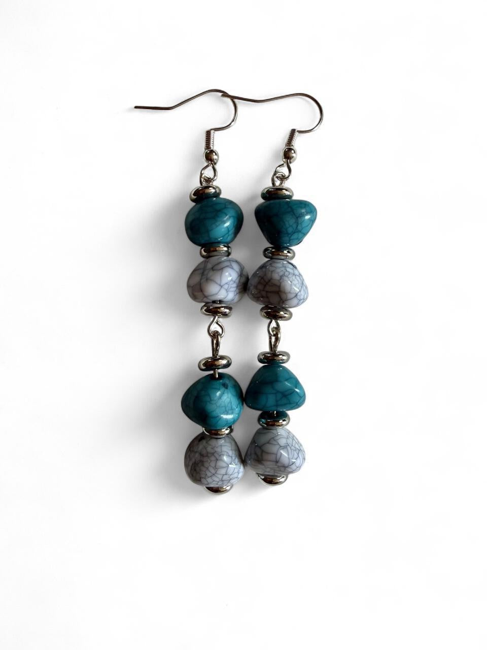 Turquoise & Gray Crackle Bead Dangle Earrings | Handmade Boho Coastal Jewelry