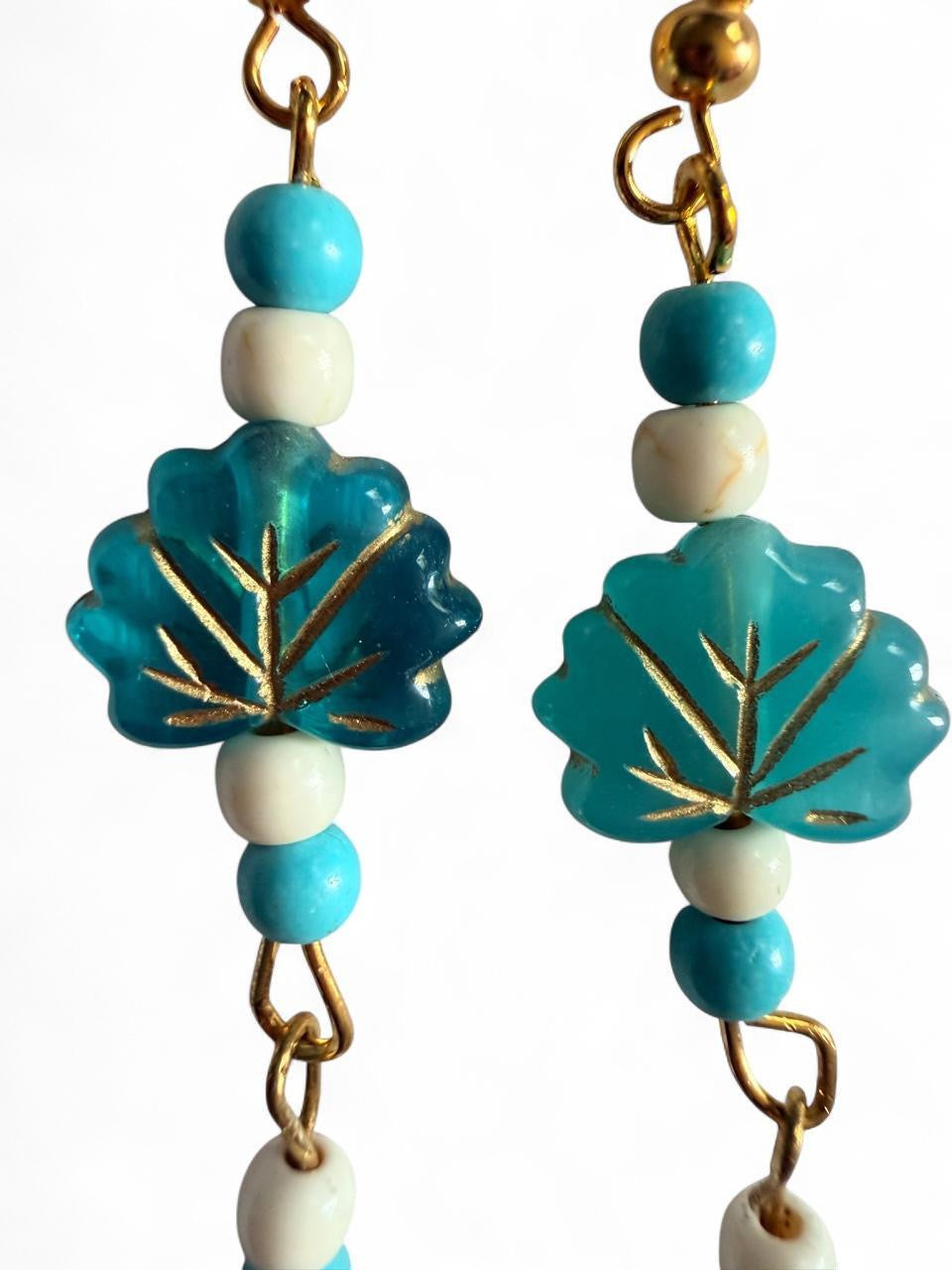 Harvest Turquoise & Cream Leaf Earrings | Long Beaded Leaf Dangle Earrings | The Harvest Souls Collection