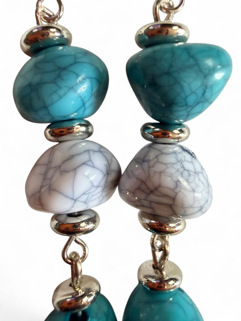 Turquoise & Gray Crackle Bead Dangle Earrings | Handmade Boho Coastal Jewelry