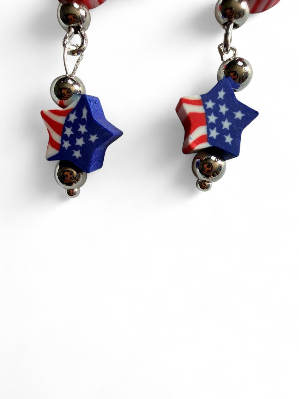 End of Summer Americana Flag Earrings - American Flag Round and Star Dangle with Blue and Clear Beads