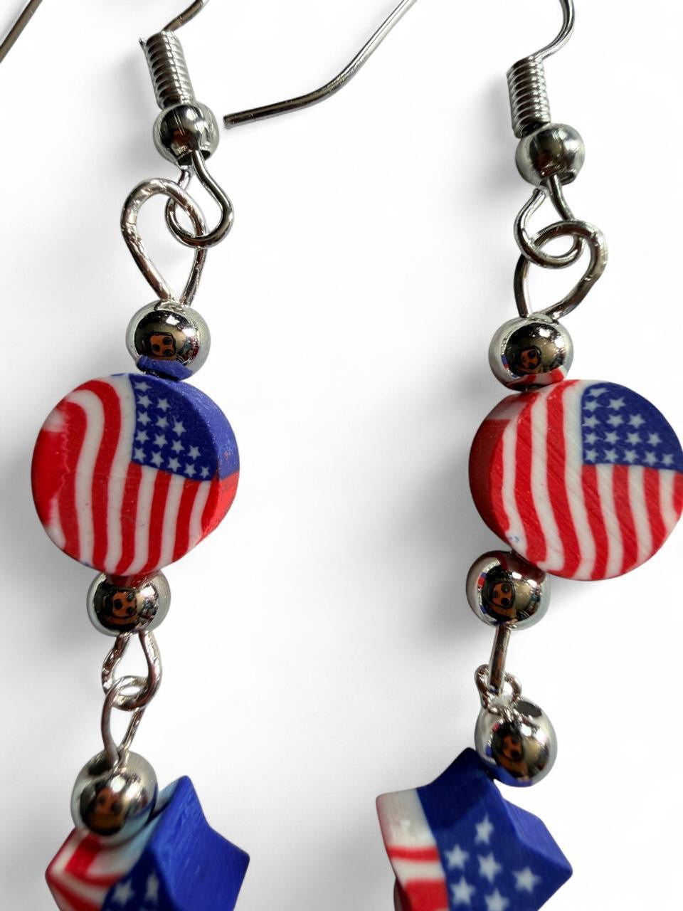 End of Summer Americana Flag Earrings - American Flag Round and Star Dangle with Blue and Clear Beads