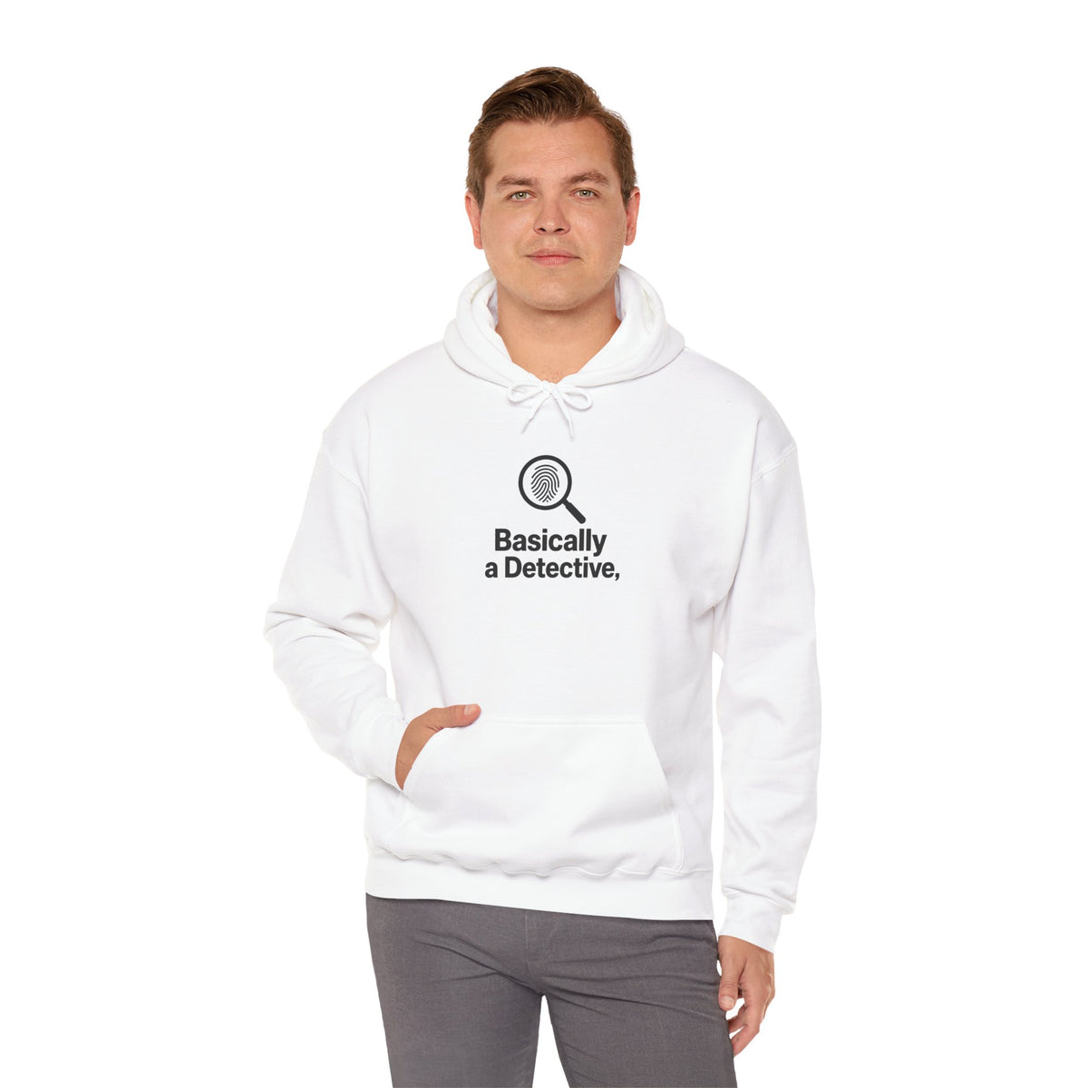 Detective Hoodie – "Basically a Detective." Magnifying Glass Graphic Hooded Sweatshirt