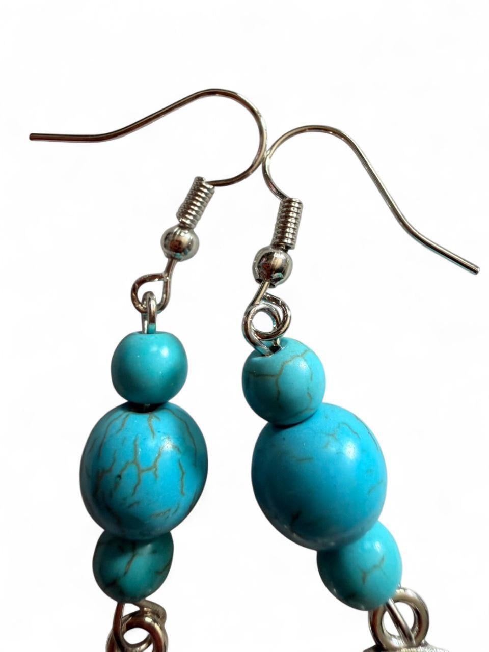Handmade Turquoise Lotus Flower Dangle Earrings – Boho Silver Tone