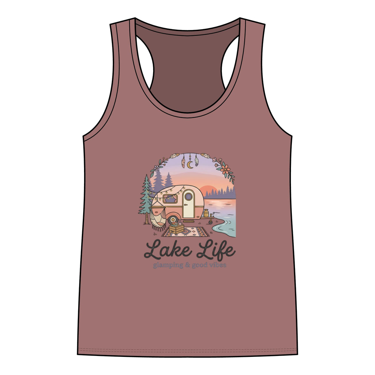 Lake Life Racerback Tank — 'Lake Life: glamping & good vibes' Graphic Women's Tank Top