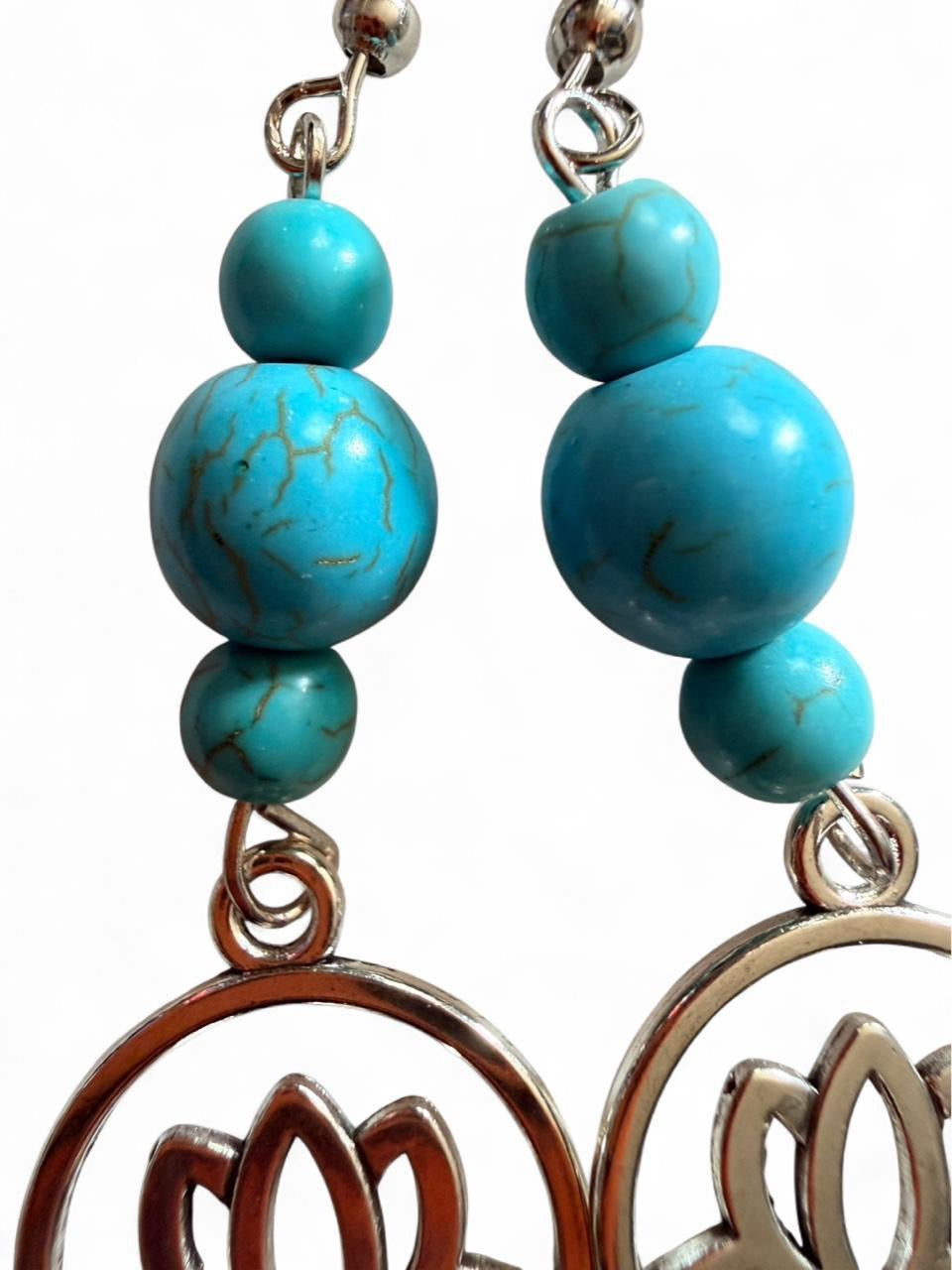 Handmade Turquoise Lotus Flower Dangle Earrings – Boho Silver Tone