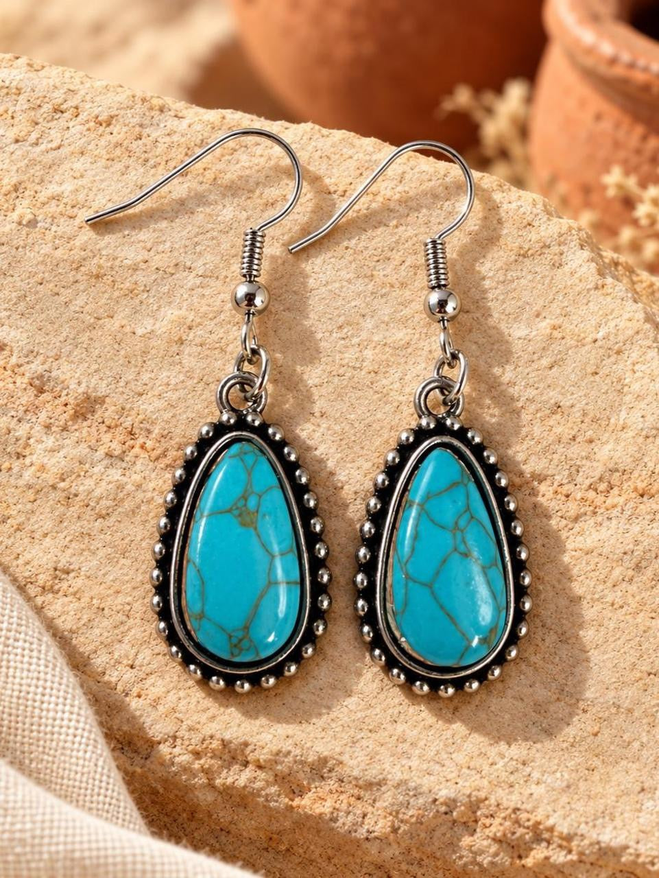 Desert Souls - Beaded Teardrop Turquoise Earrings - Western Dangle Earrings