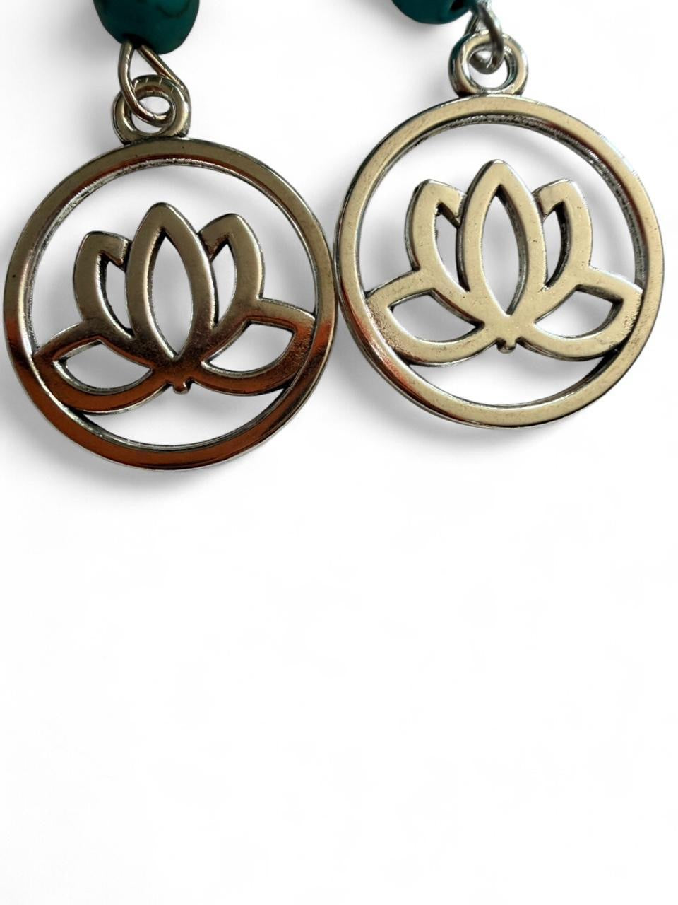 Handmade Turquoise Lotus Flower Dangle Earrings – Boho Silver Tone