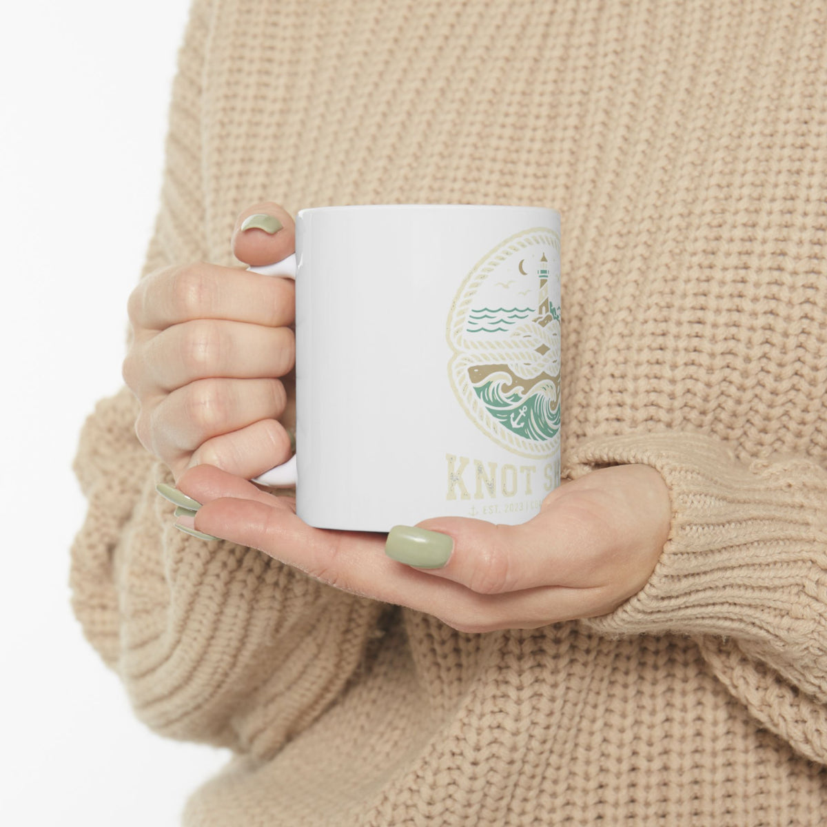 Nautical 'Knot Shore' Lighthouse Ceramic Mug — Coastal Coffee Cup (11oz/15oz)