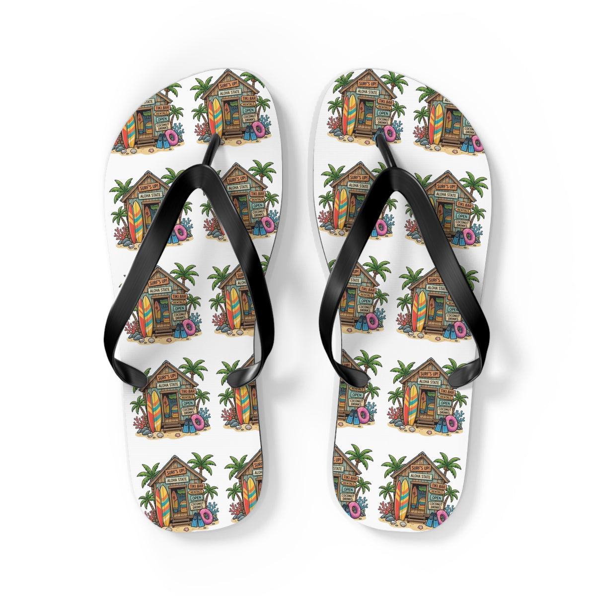 Tropical Beach Hut Flip Flops — Colorful Surfboard & Palm Pattern Summer Sandals