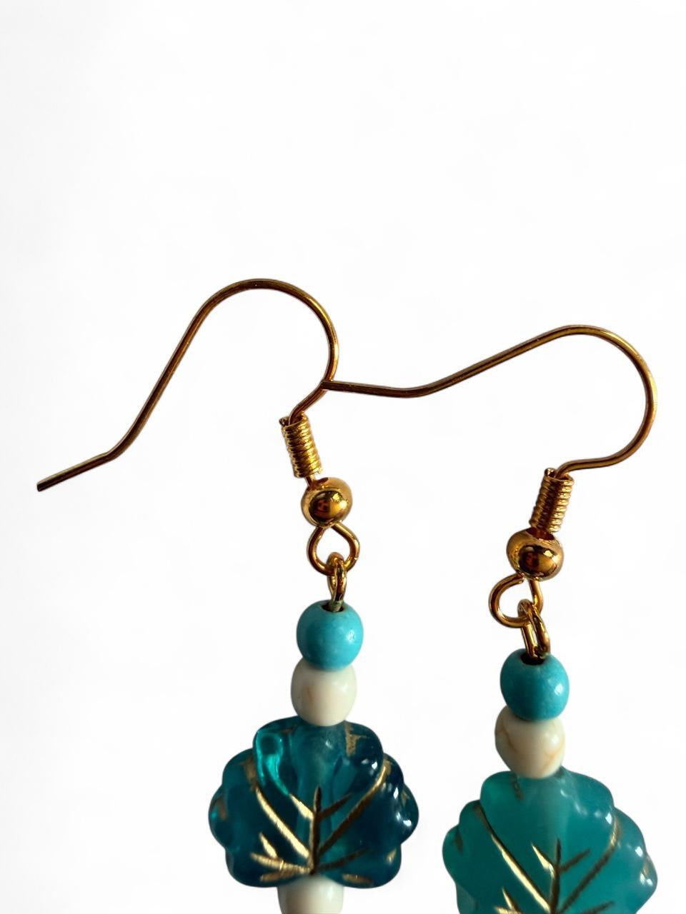Harvest Turquoise & Cream Leaf Earrings | Long Beaded Leaf Dangle Earrings | The Harvest Souls Collection