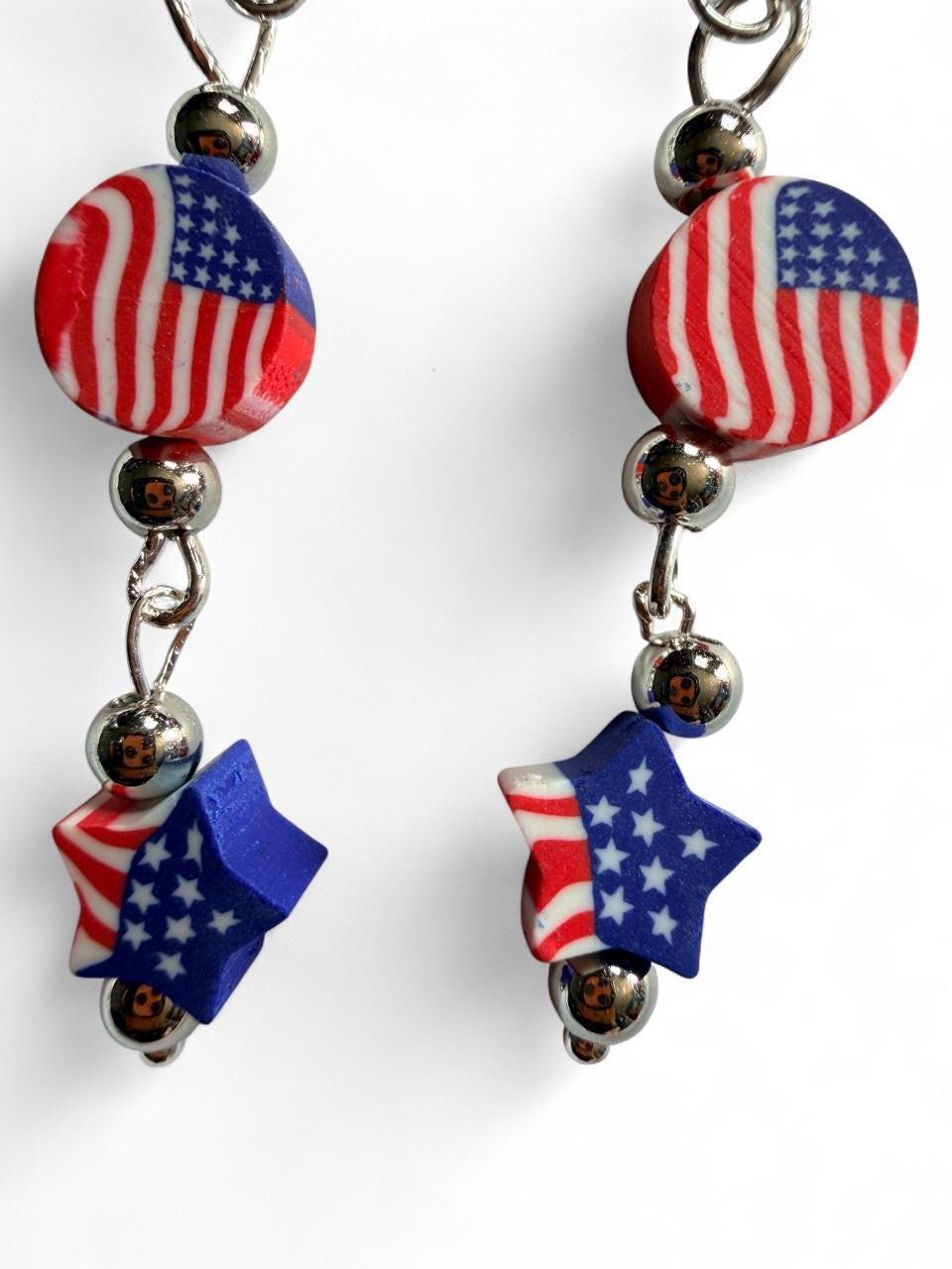End of Summer Americana Flag Earrings - American Flag Round and Star Dangle with Blue and Clear Beads